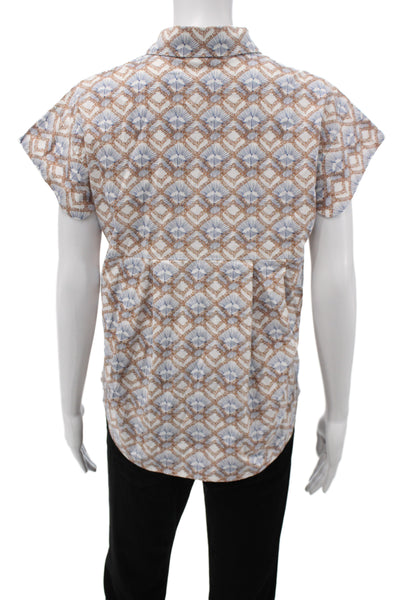 Sita Murt Women Beige Geometric Collared Button-Up Blouse Short Sleeve Size 36