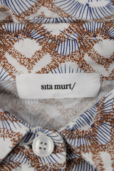 Sita Murt Women Beige Geometric Collared Button-Up Blouse Short Sleeve Size 36