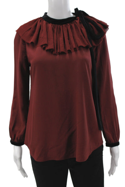 Chloe Womens Silk High Neck Long Sleeve Tie Blouse Dark Red Designer Size 40