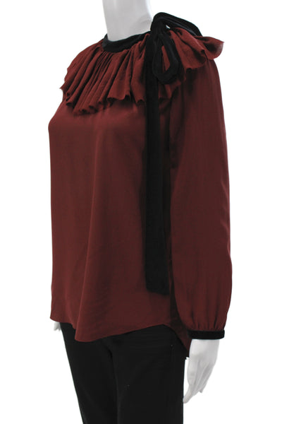 Chloe Womens Silk High Neck Long Sleeve Tie Blouse Dark Red Designer Size 40