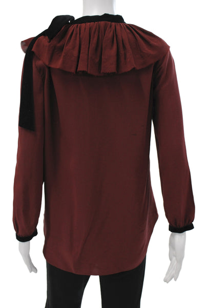 Chloe Womens Silk High Neck Long Sleeve Tie Blouse Dark Red Designer Size 40