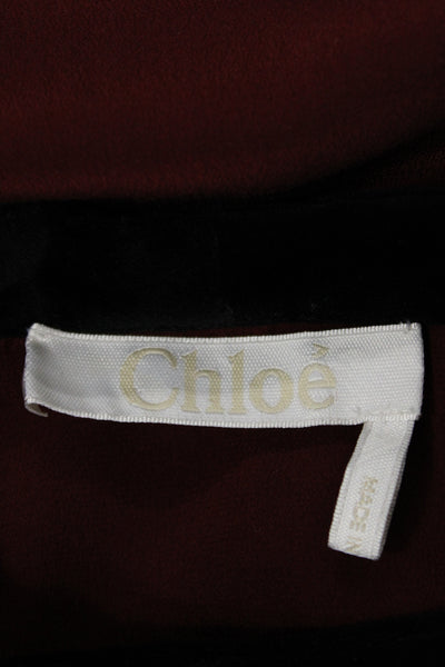 Chloe Womens Silk High Neck Long Sleeve Tie Blouse Dark Red Designer Size 40