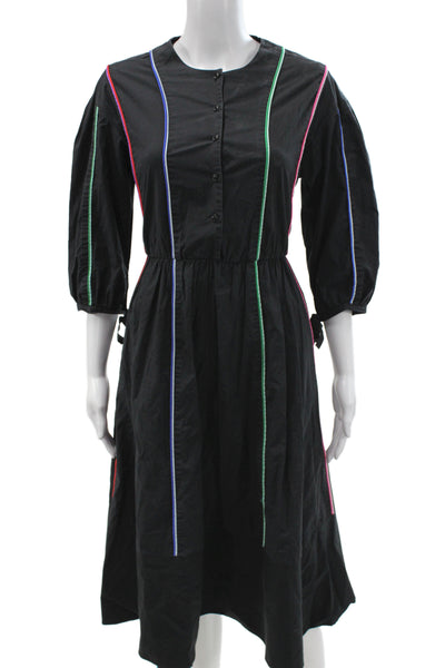 Maje Women Striped Black Long Sleeve Round Neck Full Length Dress Size 2
