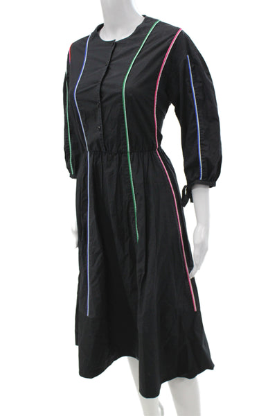 Maje Women Striped Black Long Sleeve Round Neck Full Length Dress Size 2