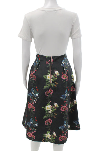Ted Baker London Womens A-Line Floral Knee Length Black Skirt Size 2