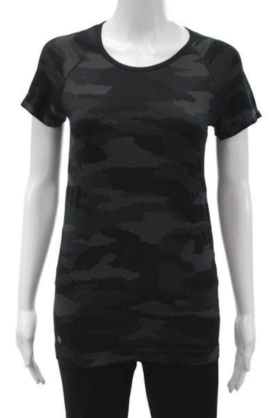 Athleta Women Basic Black Camouflage T-Shirt Round Neck Short Sleeve Size S