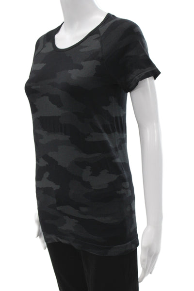 Athleta Women Basic Black Camouflage T-Shirt Round Neck Short Sleeve Size S