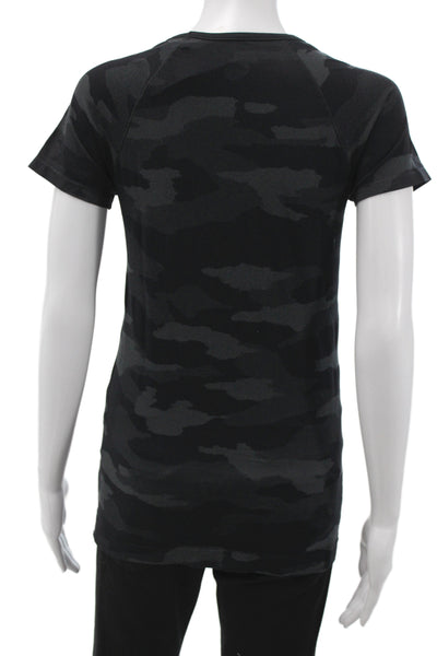 Athleta Women Basic Black Camouflage T-Shirt Round Neck Short Sleeve Size S