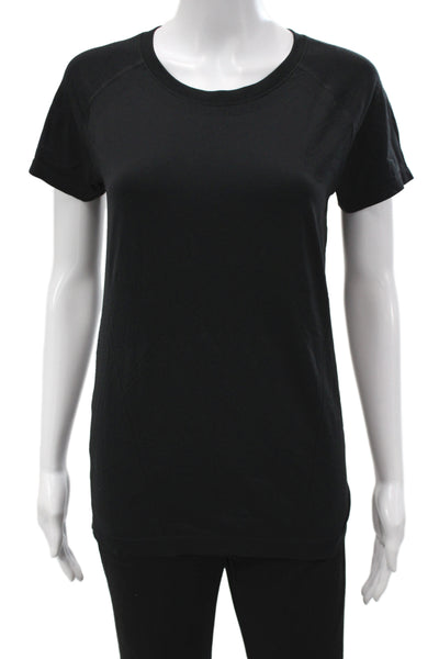 Athleta Women Basic Black Cotton T-Shirt Short Sleeve Round Neck Graphic Size M