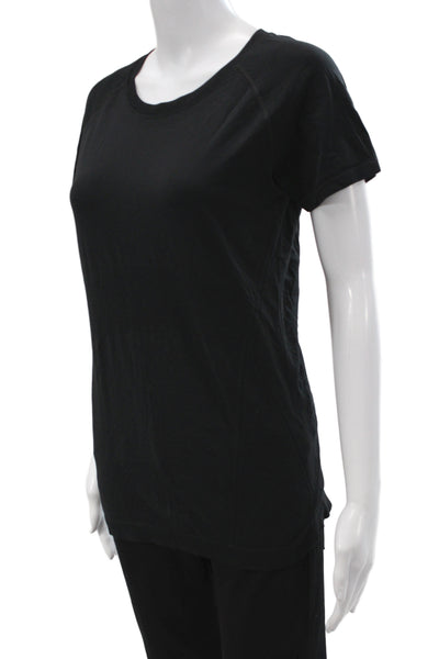 Athleta Women Basic Black Cotton T-Shirt Short Sleeve Round Neck Graphic Size M