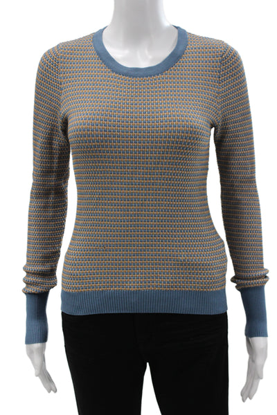 Zara Knit Women Pullover Sweaters Blue Geometric Crew Neck Long Sleeve Size S