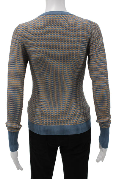 Zara Knit Women Pullover Sweaters Blue Geometric Crew Neck Long Sleeve Size S