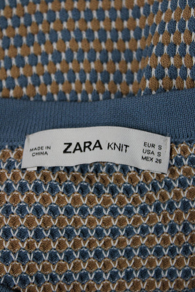 Zara Knit Women Pullover Sweaters Blue Geometric Crew Neck Long Sleeve Size S