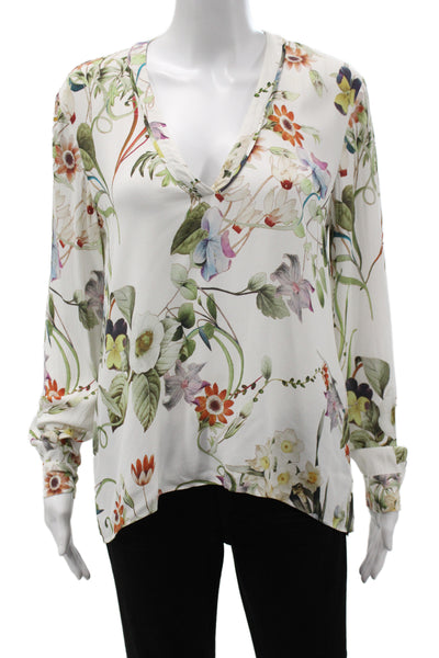 Zara Woman Women Basic Floral V Neck Button Long Sleeve Viscose Blouse Size S