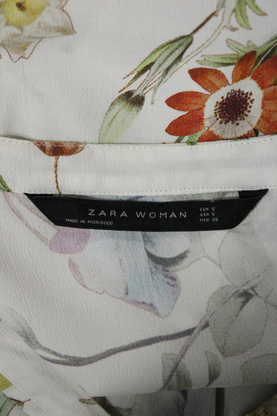 Zara Woman Women Basic Floral V Neck Button Long Sleeve Viscose Blouse Size S