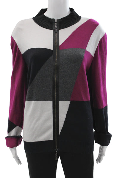 St. John Unisex Black Geometric Mock Neck Full Zip Cardigan Size XL