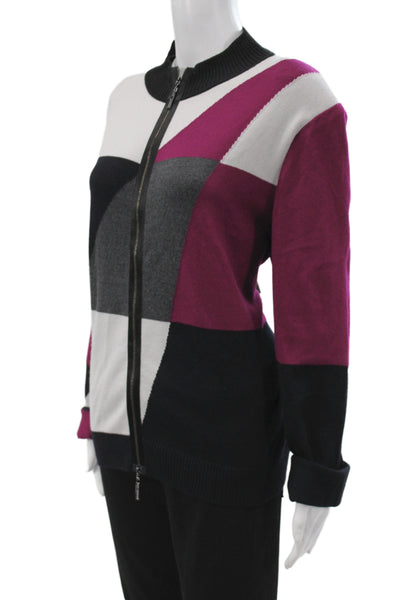 St. John Unisex Black Geometric Mock Neck Full Zip Cardigan Size XL