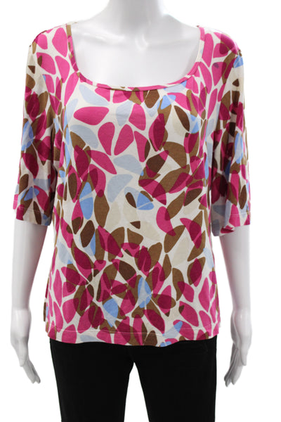 St. John Womens Pink Jersey Blouse Square Neck 3/4 Sleeve Geometric Size XL
