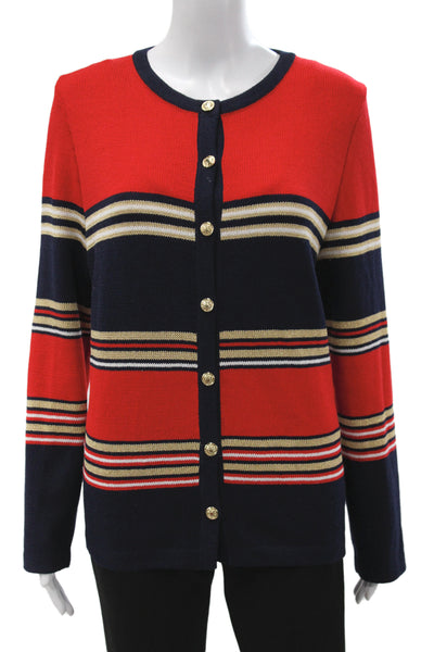 St John Sport Marie Gray Women Cardigan Red Striped Button Long Sleeve Size L