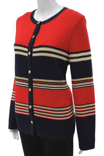 St John Sport Marie Gray Women Cardigan Red Striped Button Long Sleeve Size L