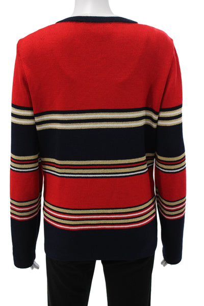 St John Sport Marie Gray Women Cardigan Red Striped Button Long Sleeve Size L