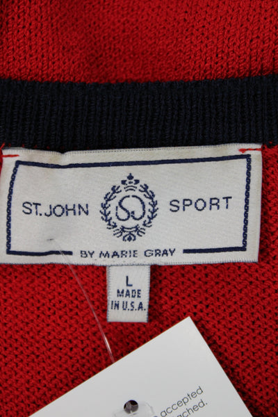 St John Sport Marie Gray Women Cardigan Red Striped Button Long Sleeve Size L