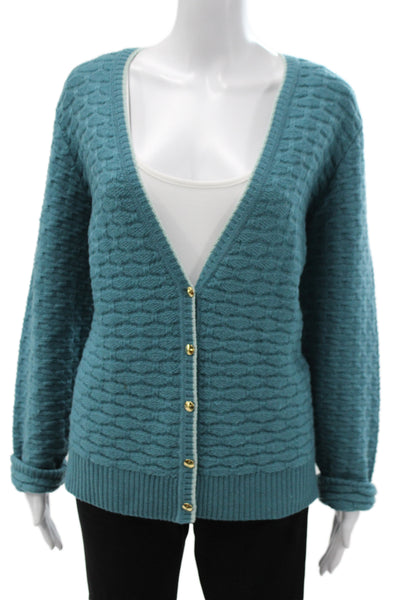 St. John Unisex Cardigan Sweater Green Wool Geometric Button Size XL