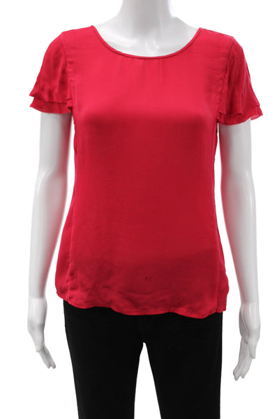 Joie Womens Red Silk Button Up Blouse Short Sleeve Round Neck Classic Size S