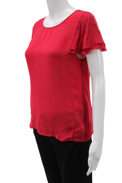 Joie Womens Red Silk Button Up Blouse Short Sleeve Round Neck Classic Size S