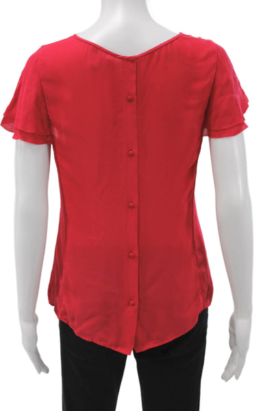 Joie Womens Red Silk Button Up Blouse Short Sleeve Round Neck Classic Size S