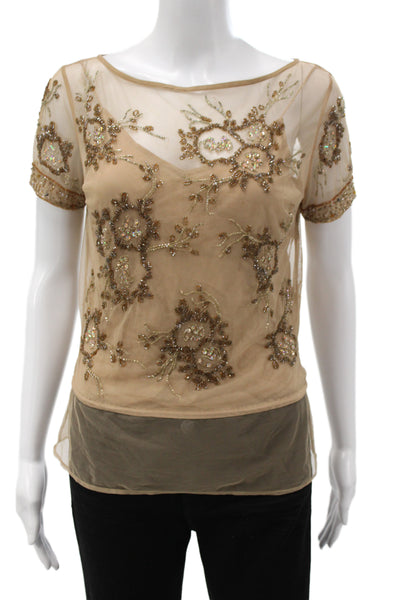 Tracy Reese Women Beige Floral Short Sleeve Blouse Boho Size 2