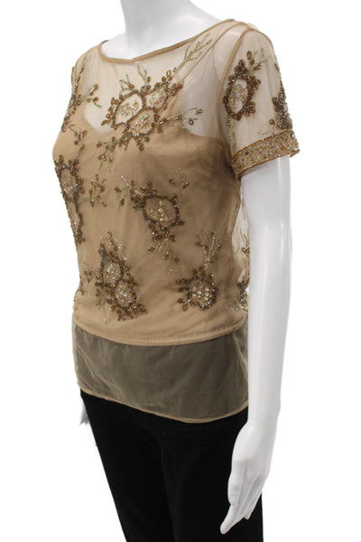 Tracy Reese Women Beige Floral Short Sleeve Blouse Boho Size 2