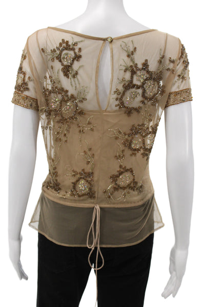 Tracy Reese Women Beige Floral Short Sleeve Blouse Boho Size 2