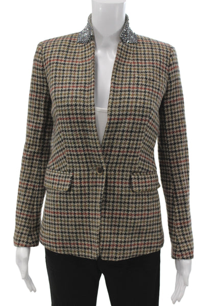 J Crew Womens Brown Check Wool Blazer Button Long Sleeve Classic Size 00