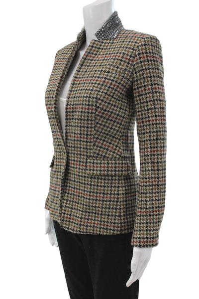 J Crew Womens Brown Check Wool Blazer Button Long Sleeve Classic Size 00