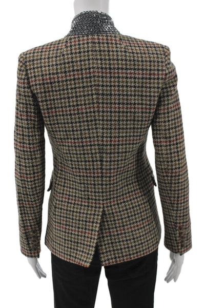 J Crew Womens Brown Check Wool Blazer Button Long Sleeve Classic Size 00
