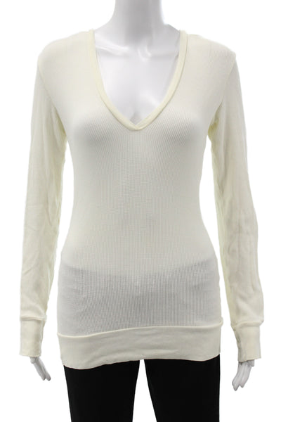 Bobi Womens Basic V-Neck Long Sleeve White Top 99% Cotton Size M