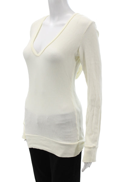 Bobi Womens Basic V-Neck Long Sleeve White Top 99% Cotton Size M