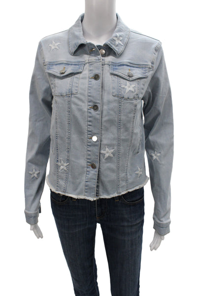 Renuar Womens Light Blue Collared Button Star Print Jacket Long Sleeve Size XS