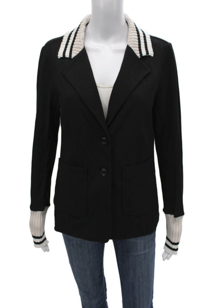 Renuar Women Striped Collared Button Blazer Black Size S Petite