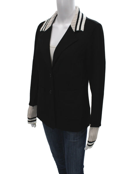 Renuar Women Striped Collared Button Blazer Black Size S Petite