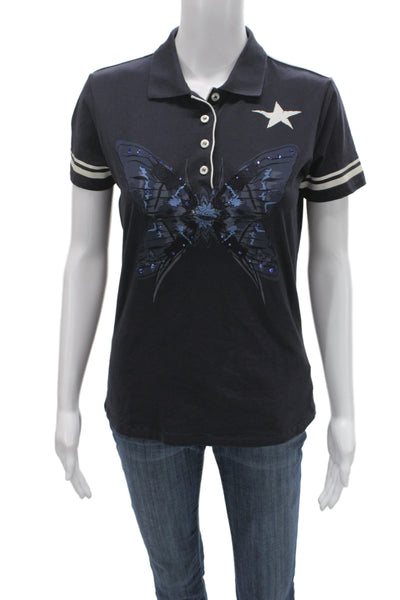 Bogner Womens Ringer Polo Collared Short Sleeve Dark Blue Cotton Size M