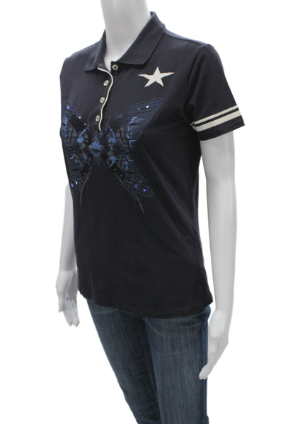 Bogner Womens Ringer Polo Collared Short Sleeve Dark Blue Cotton Size M