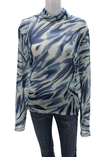 St. John Sport Women Blue Animal Print Mock Neck Long Sleeve Blouse Size XL