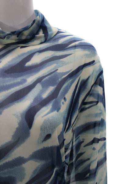 St. John Sport Women Blue Animal Print Mock Neck Long Sleeve Blouse Size XL