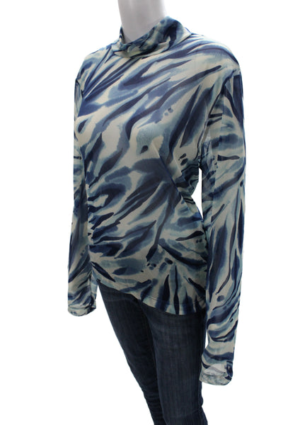St. John Sport Women Blue Animal Print Mock Neck Long Sleeve Blouse Size XL