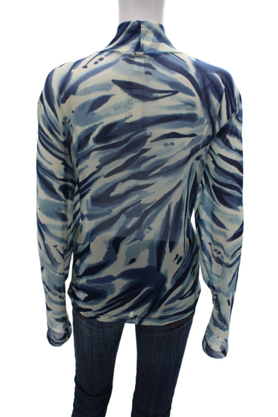 St. John Sport Women Blue Animal Print Mock Neck Long Sleeve Blouse Size XL