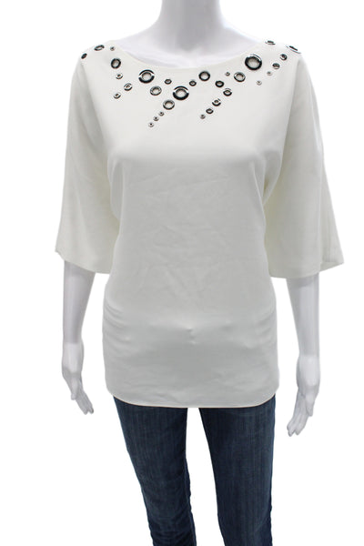 St. John Womens Tunic Blouse White Zip Round Neck 3/4 Sleeve Size XL