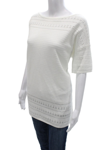 St. John Women Striped Tunic Short Sleeve Round Neck White Size L