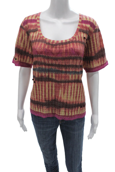 St. John Sport Women Brown Striped Wool T-Shirt Short Sleeve Button Size XL